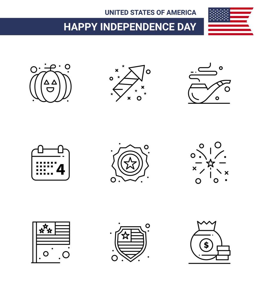 9 USA Line Pack of Independence Day Signs and Symbols of flag security smoke american date Editable USA Day Vector Design Elements