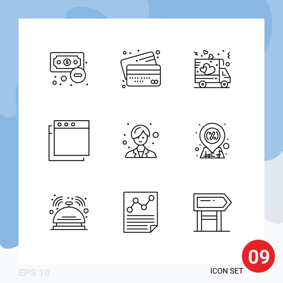 Pack of 9 Modern Outlines Signs and Symbols for Web Print Media such as woman doctor payment mac truck Editable Vector Design Elements