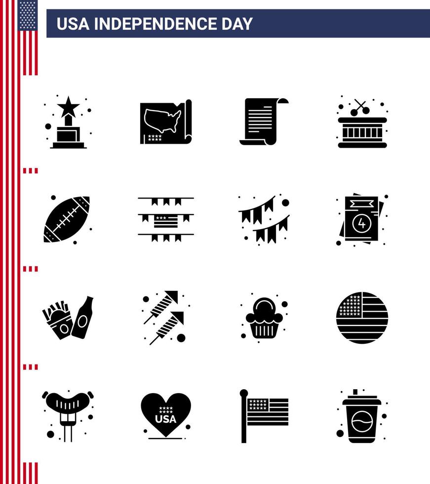 Set of 16 Modern Solid Glyphs pack on USA Independence Day usa footbal text ball instrument Editable USA Day Vector Design Elements