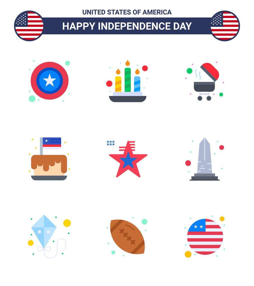 conjunto moderno de 9 pisos y símbolos en el día de la independencia de estados unidos, como bandera estrella barbacoa estados unidos independencia elementos de diseño vectorial editables del día de estados unidos vector