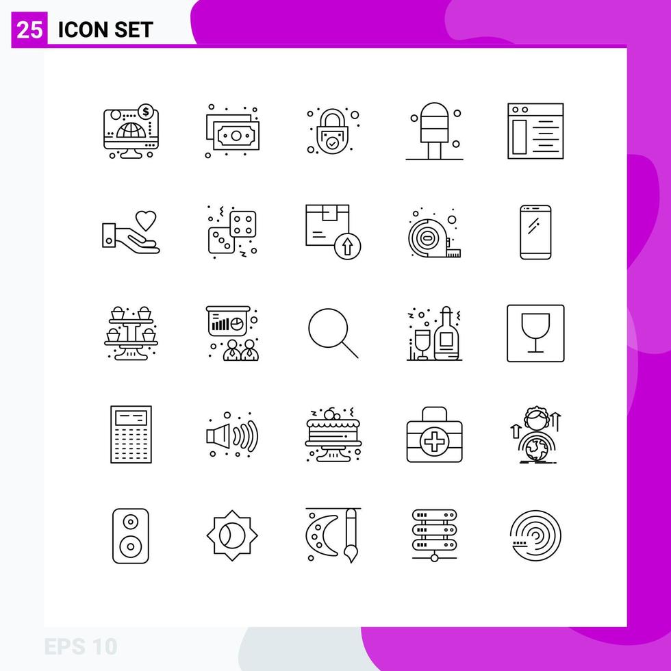 conjunto de línea de interfaz móvil de 25 pictogramas de página web de mano candado web crema elementos de diseño vectorial editables vector