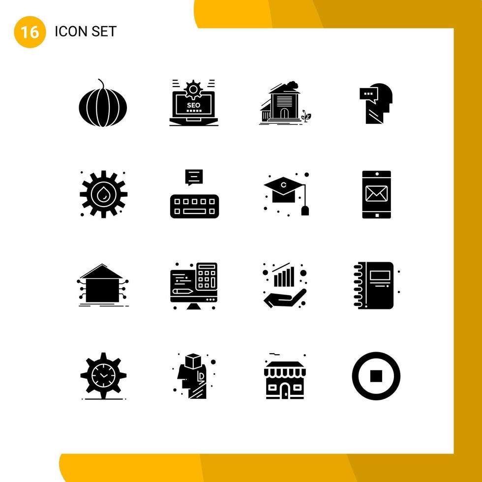 16 Universal Solid Glyph Signs Symbols of gear head house inner mind Editable Vector Design Elements