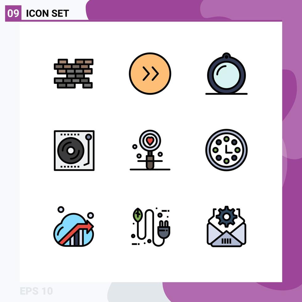 conjunto de 9 iconos de interfaz de usuario modernos símbolos signos para fecha de amor música de vinilo interior elementos de diseño vectorial editables vector