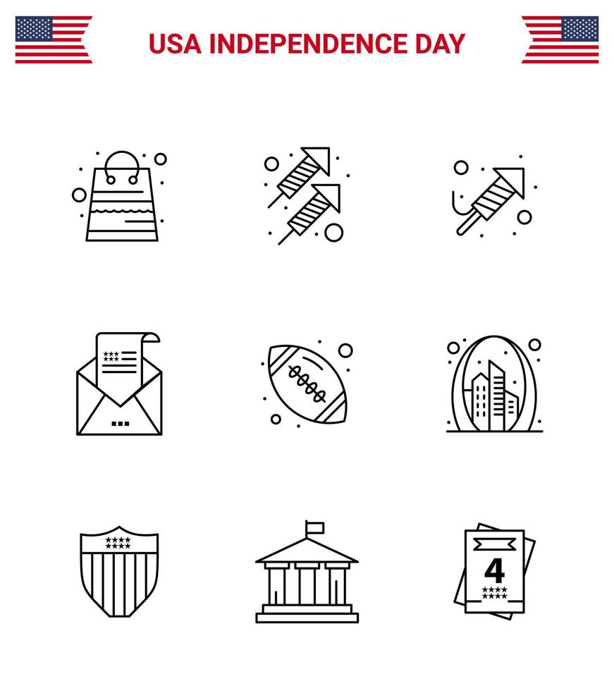 4th July USA Happy Independence Day Icon Symbols Group of 9 Modern Lines of ball invitation fire work greeting email Editable USA Day Vector Design Elements