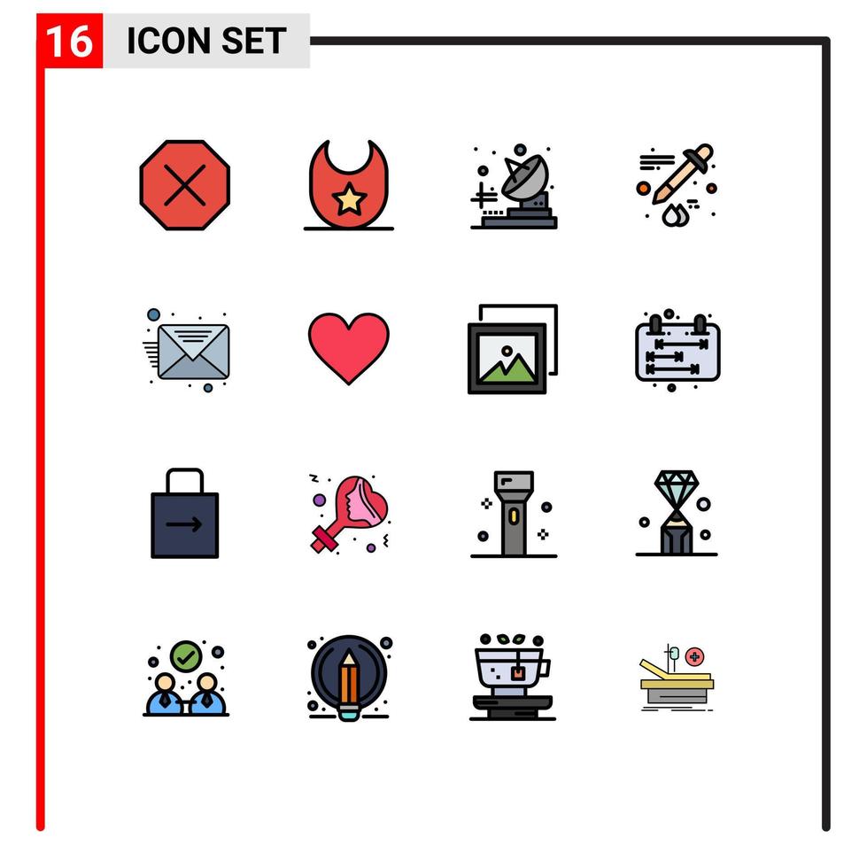 16 User Interface Flat Color Filled Line Pack of modern Signs and Symbols of sign love transmitter message email Editable Creative Vector Design Elements