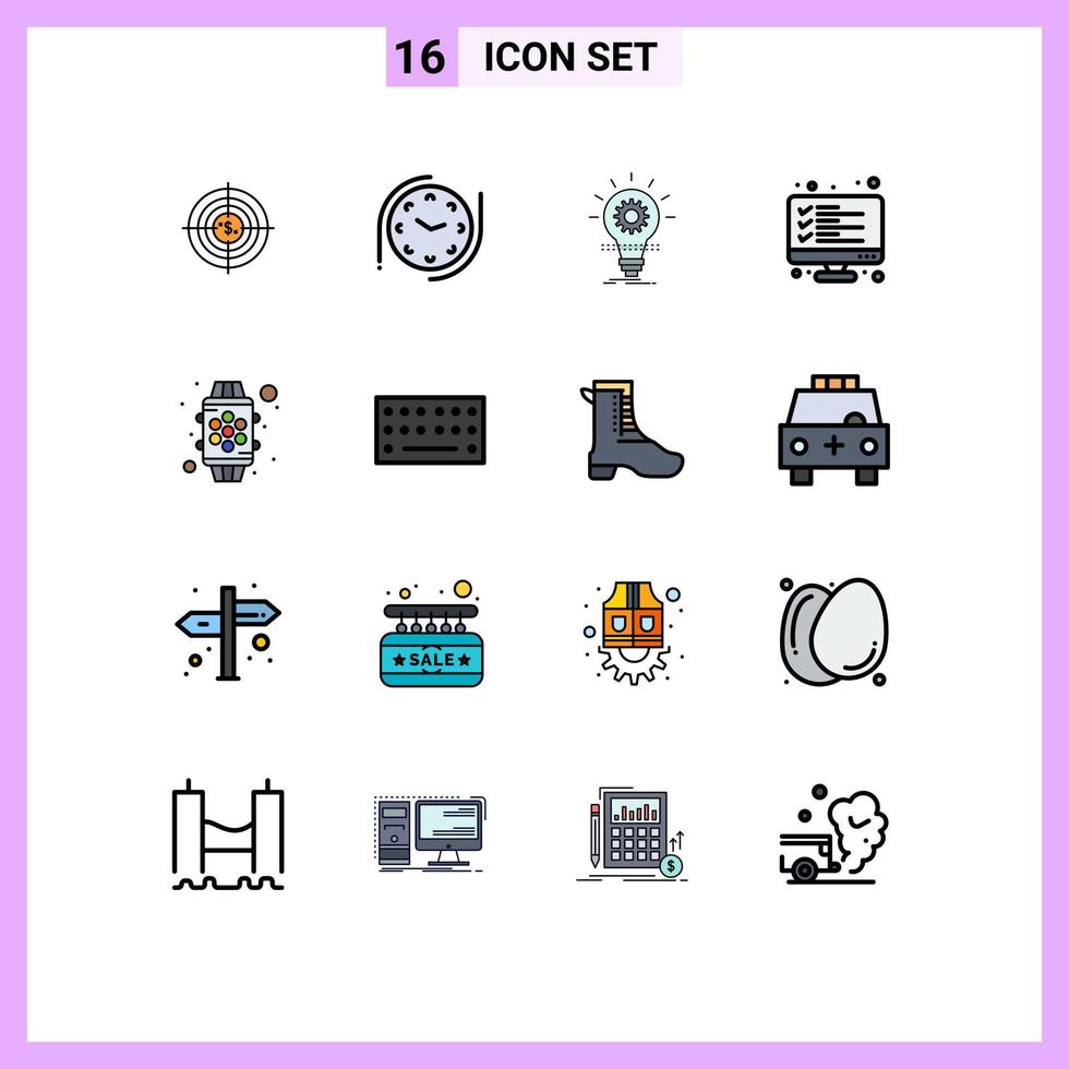 Set of 16 Vector Flat Color Filled Lines on Grid for computer light clock innovation develop Editable Creative Vector Design Elements