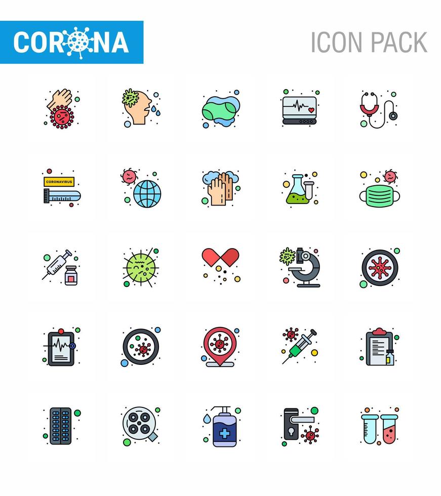 25 Flat Color Filled Line viral Virus corona icon pack such as hospital medical monitor cleaning supervision emergency viral coronavirus 2019nov disease Vector Design Elements