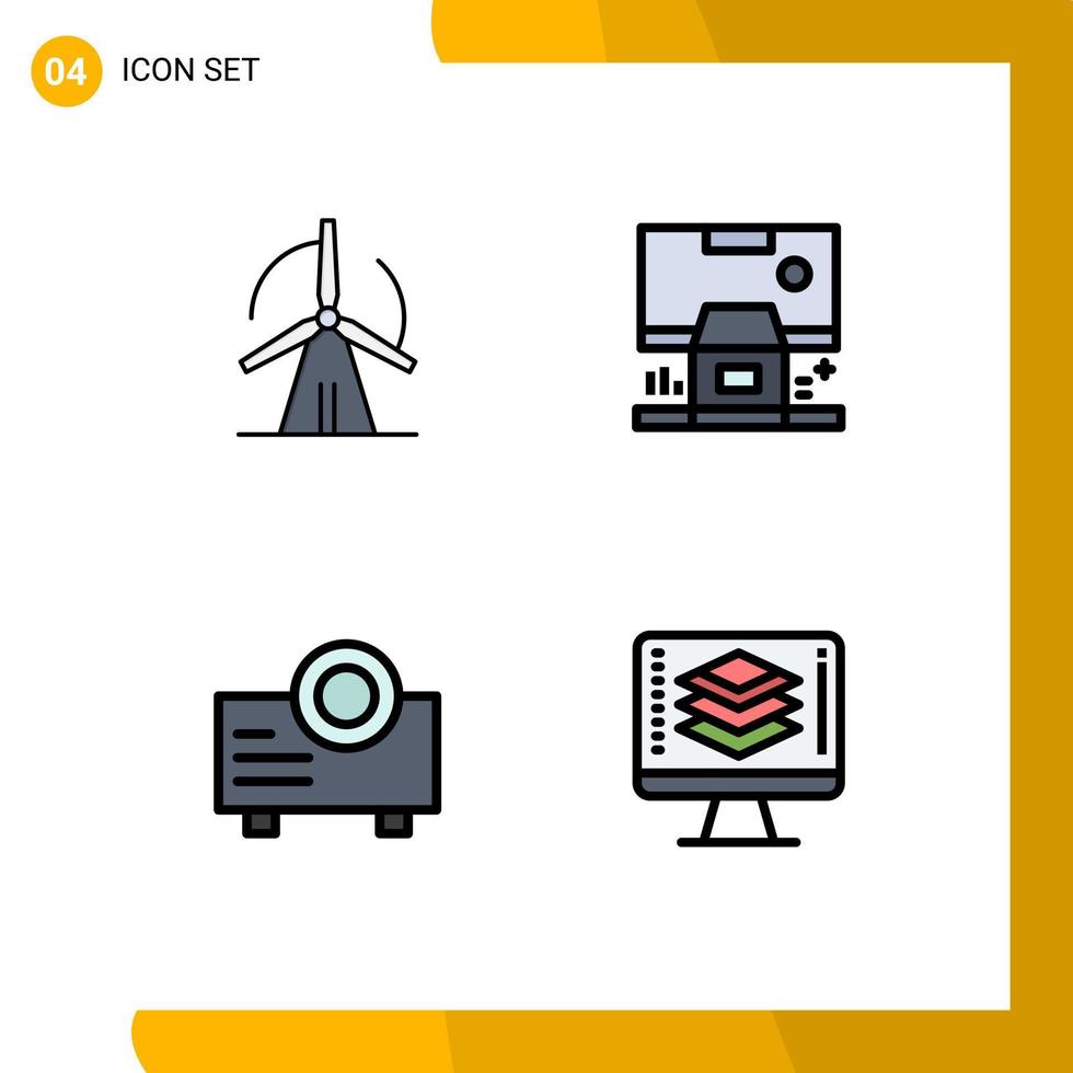 Modern Set of 4 Filledline Flat Colors Pictograph of turbine device power control projector Editable Vector Design Elements