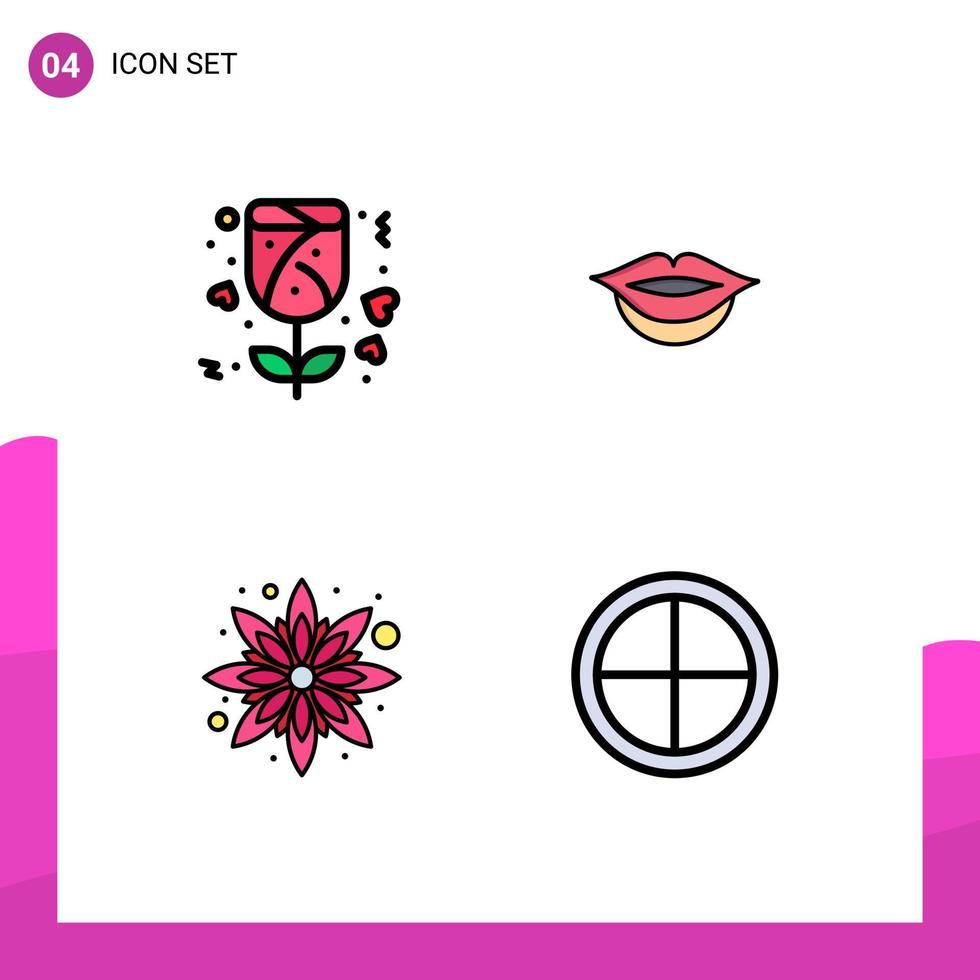 4 User Interface Filledline Flat Color Pack of modern Signs and Symbols of gift badge lips sunflower soldier Editable Vector Design Elements