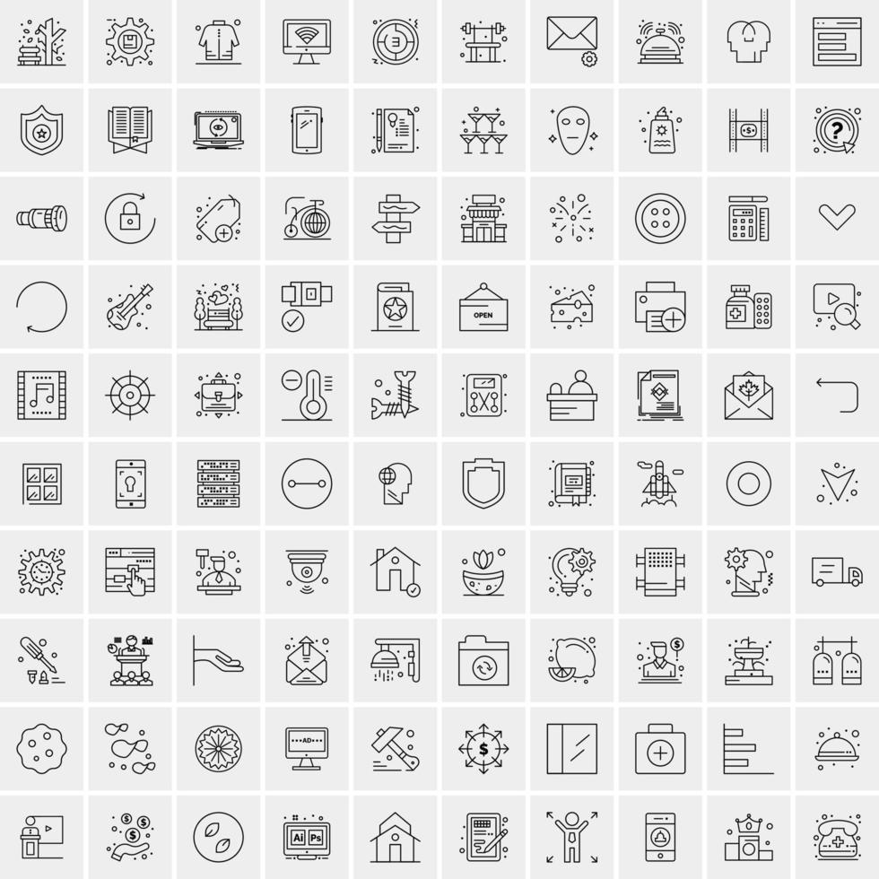 100 Universal Black Line Icons on White Background vector