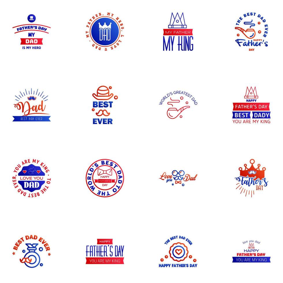Happy fathers day set 16 Blue and red Vector typography Vintage lettering for fathers day greeting cards banners tshirt design You are the best dad Editable Vector Design Elements