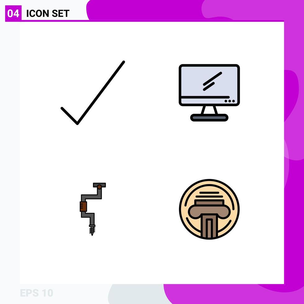 Filledline Flat Color Pack of 4 Universal Symbols of check carpenter computer imac tool Editable Vector Design Elements