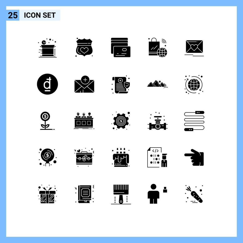 Solid Glyph Pack of 25 Universal Symbols of mail iot shield internet of things shopping bag Editable Vector Design Elements