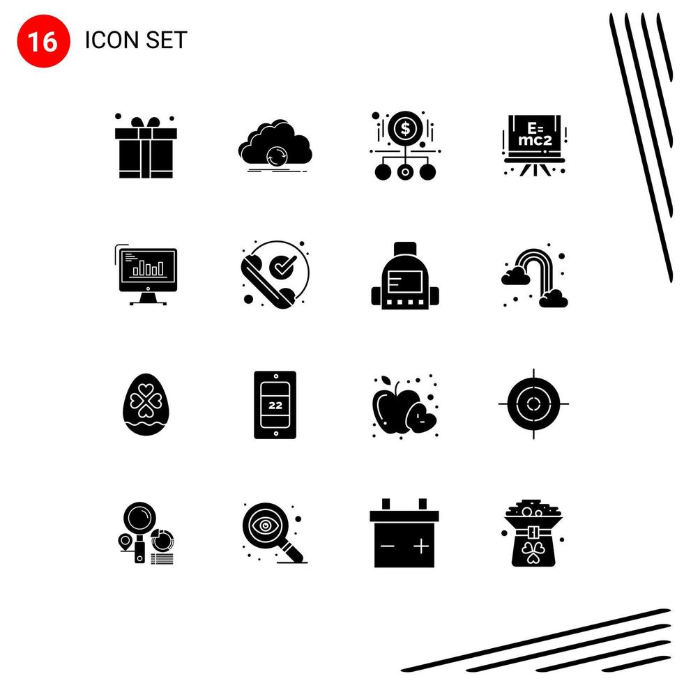 Group of 16 Solid Glyphs Signs and Symbols for chart formula synchronization chemistry pay Editable Vector Design Elements