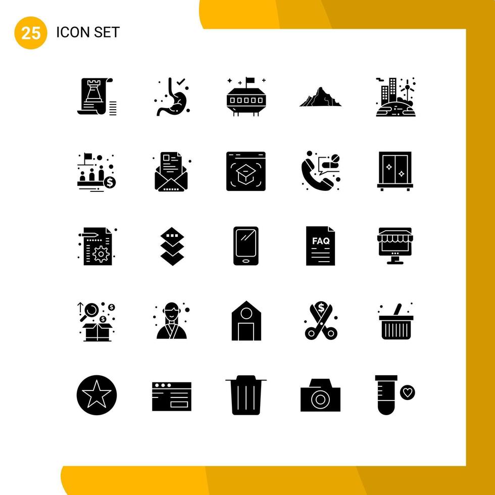 Editable Vector Line Pack of 25 Simple Solid Glyphs of renewable scene astronomy mountain landscape Editable Vector Design Elements