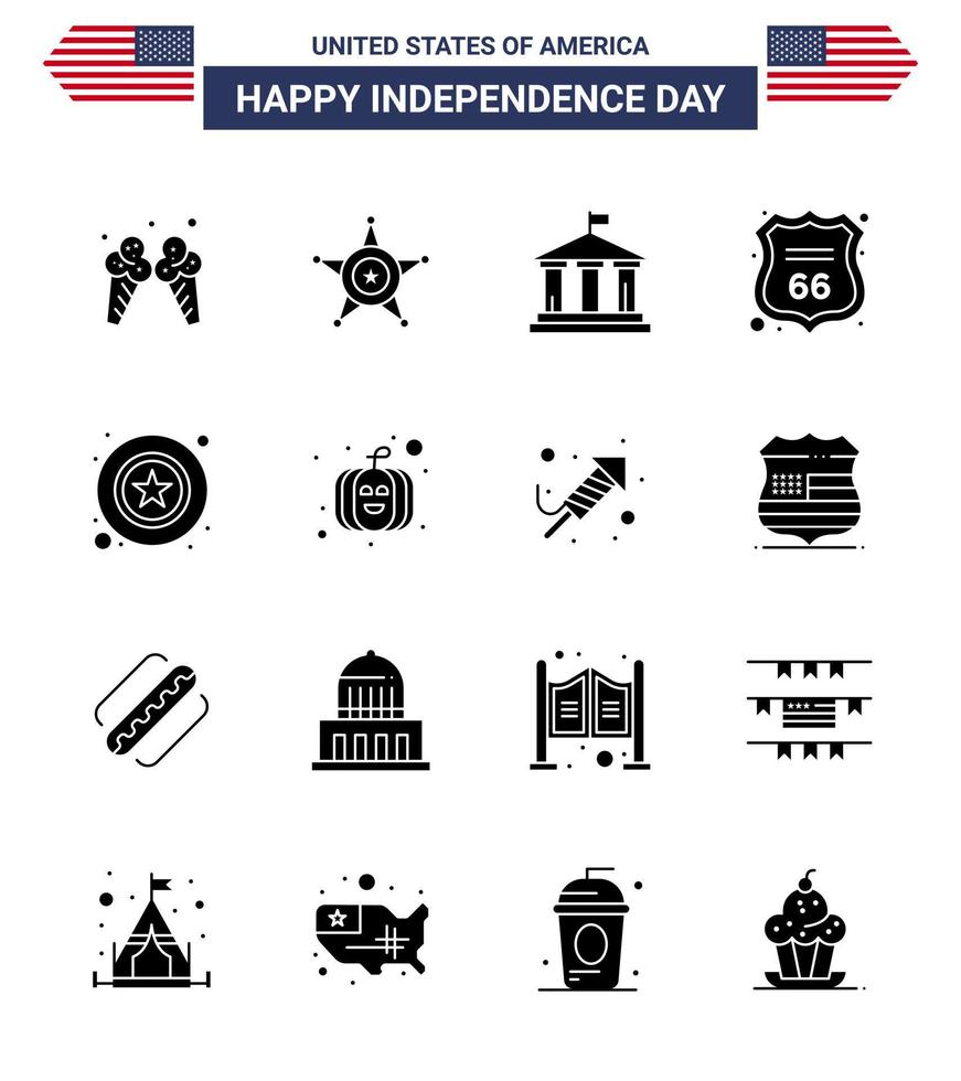 Pack of 16 USA Independence Day Celebration Solid Glyphs Signs and 4th July Symbols such as police american bank sign security Editable USA Day Vector Design Elements