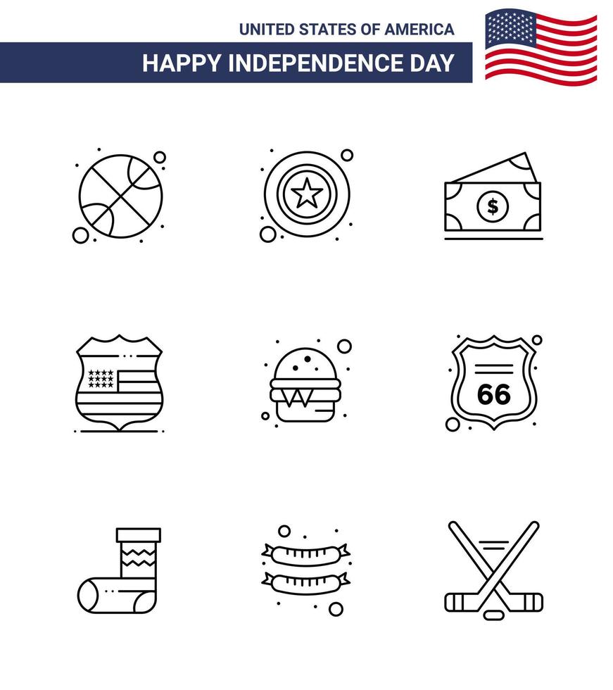 9 USA Line Signs Independence Day Celebration Symbols of fast security dollar usa shield Editable USA Day Vector Design Elements