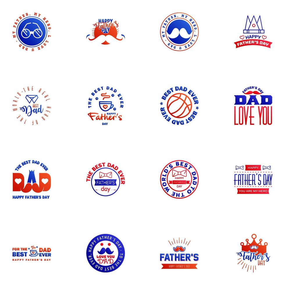 Happy Fathers day greeting hand lettering badges 16 Blue and red Typo isolated on white Typography design template for poster banner gift card t shirt print label sticker Retro vintage style V vector