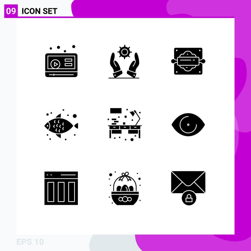 Universal Icon Symbols Group of 9 Modern Solid Glyphs of workplace office baking desk sea food Editable Vector Design Elements