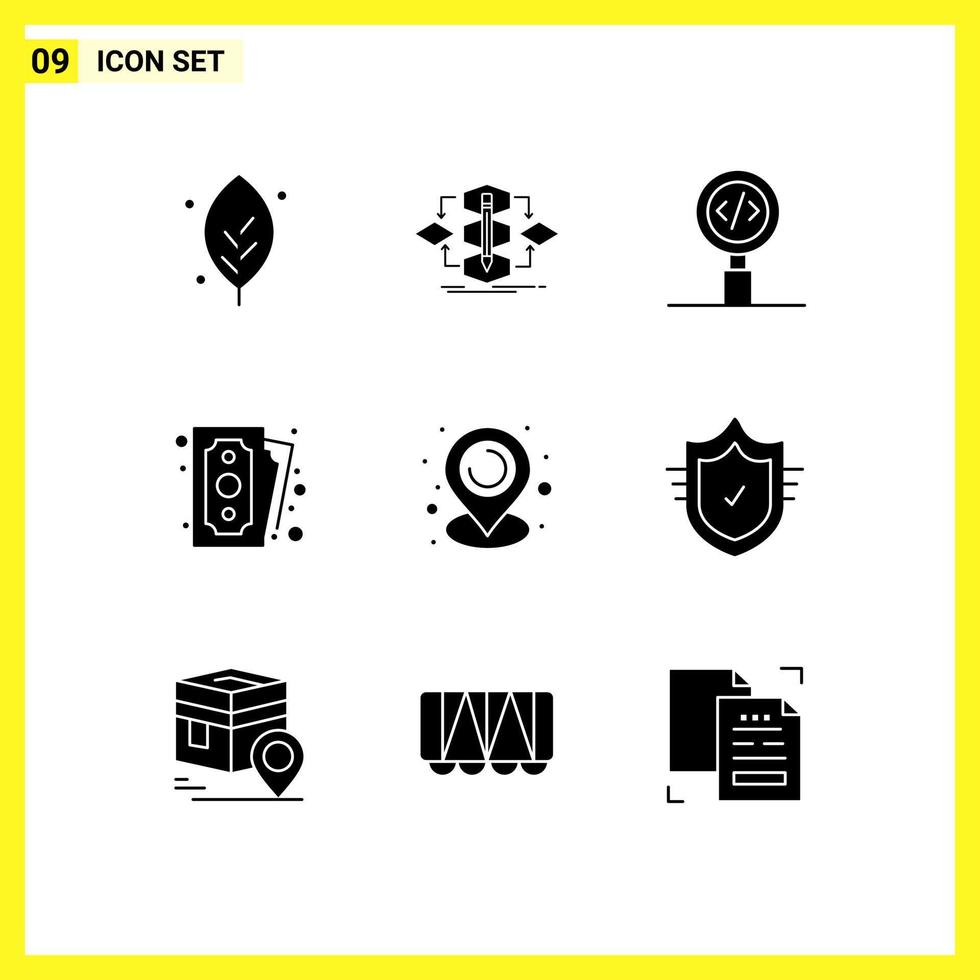 Pack of 9 creative Solid Glyphs of shopping money process cash programming Editable Vector Design Elements