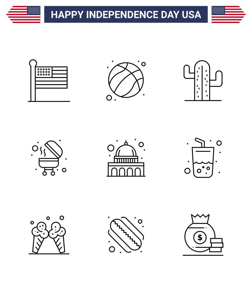 Happy Independence Day Pack of 9 Lines Signs and Symbols for usa capitol cactus grill barbecue Editable USA Day Vector Design Elements