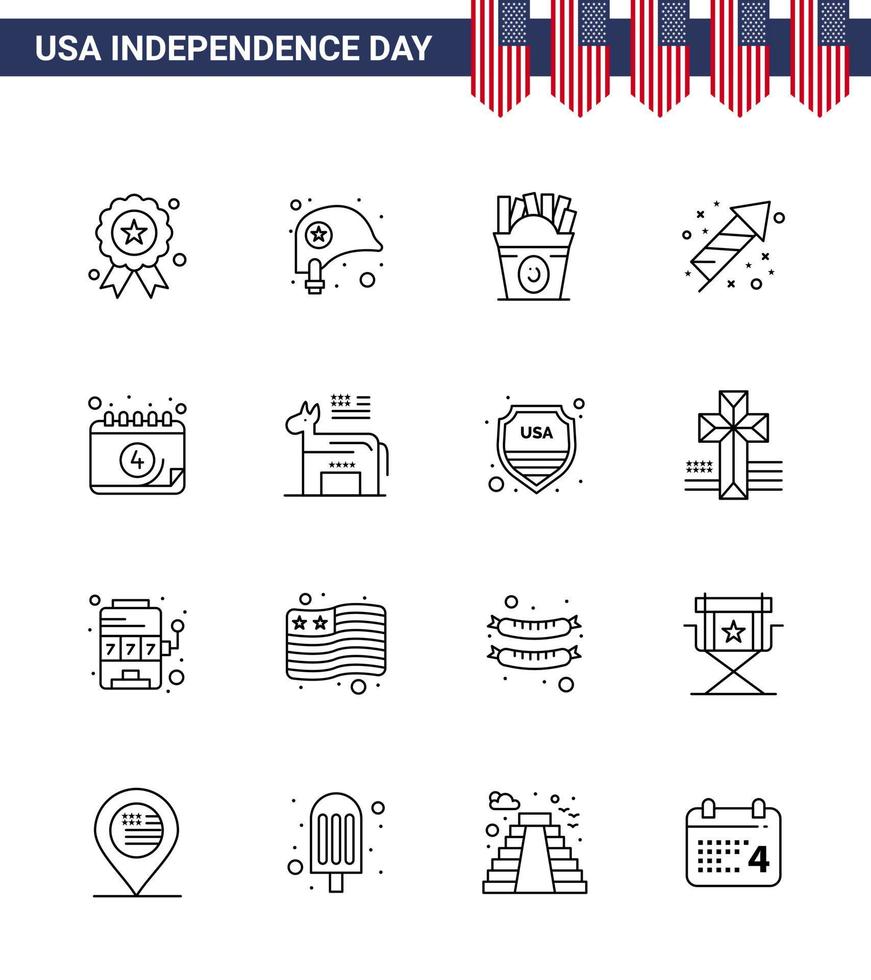 feliz paquete del día de la independencia de 16 líneas de signos y símbolos para el calendario vacaciones frise fuegos artificiales celebración elementos de diseño vectorial del día de estados unidos editables vector