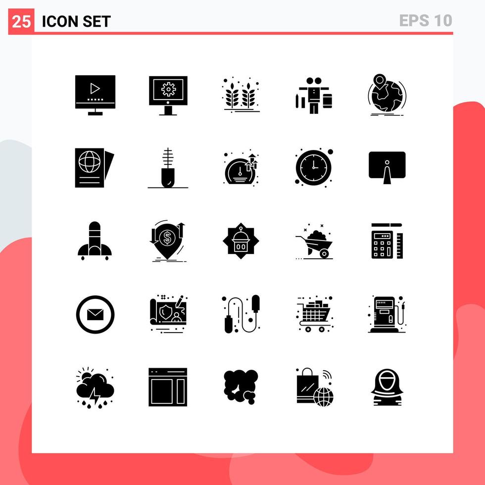 Group of 25 Modern Solid Glyphs Set for location play web maintenance life wheat Editable Vector Design Elements