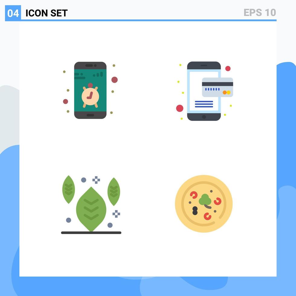 Set of 4 Vector Flat Icons on Grid for app leaf smartphone online pizza Editable Vector Design Elements