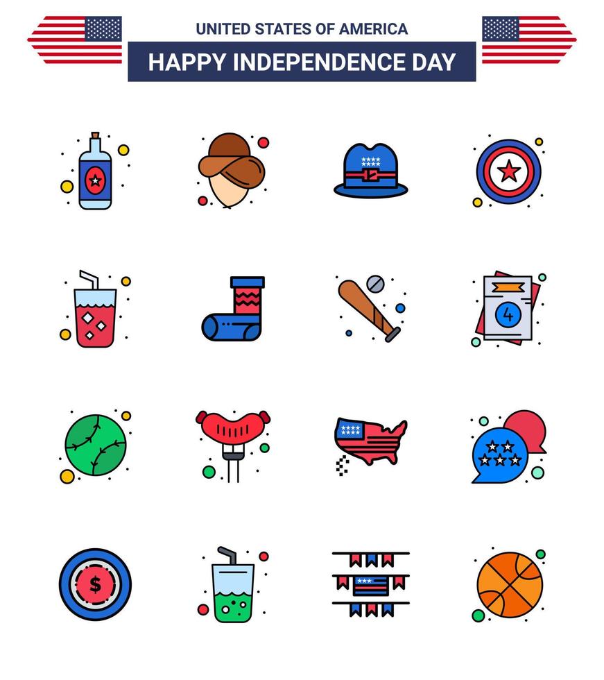 grupo de 16 líneas rellenas planas establecidas para el día de la independencia de los estados unidos de américa, como el vino de navidad, el jugo americano, el alcohol, los elementos de diseño vectorial del día de estados unidos editables vector