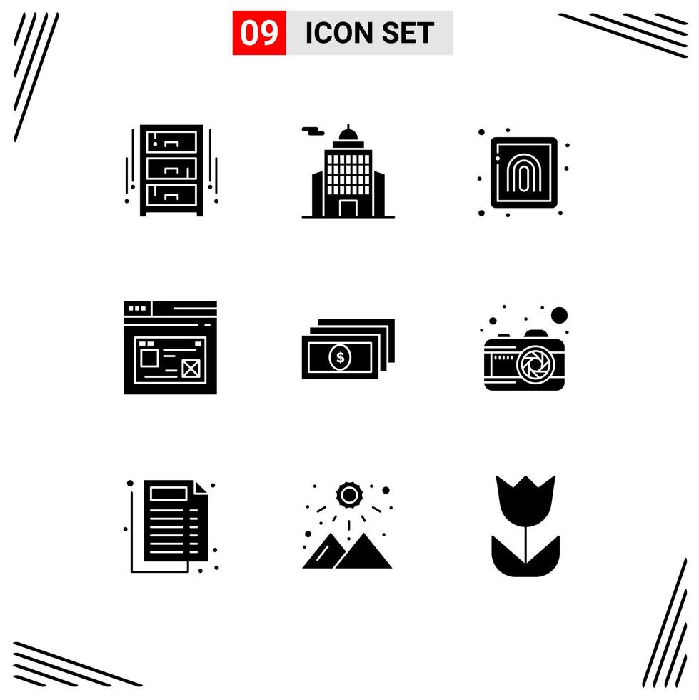 Editable Vector Line Pack of 9 Simple Solid Glyphs of design web museum page security Editable Vector Design Elements