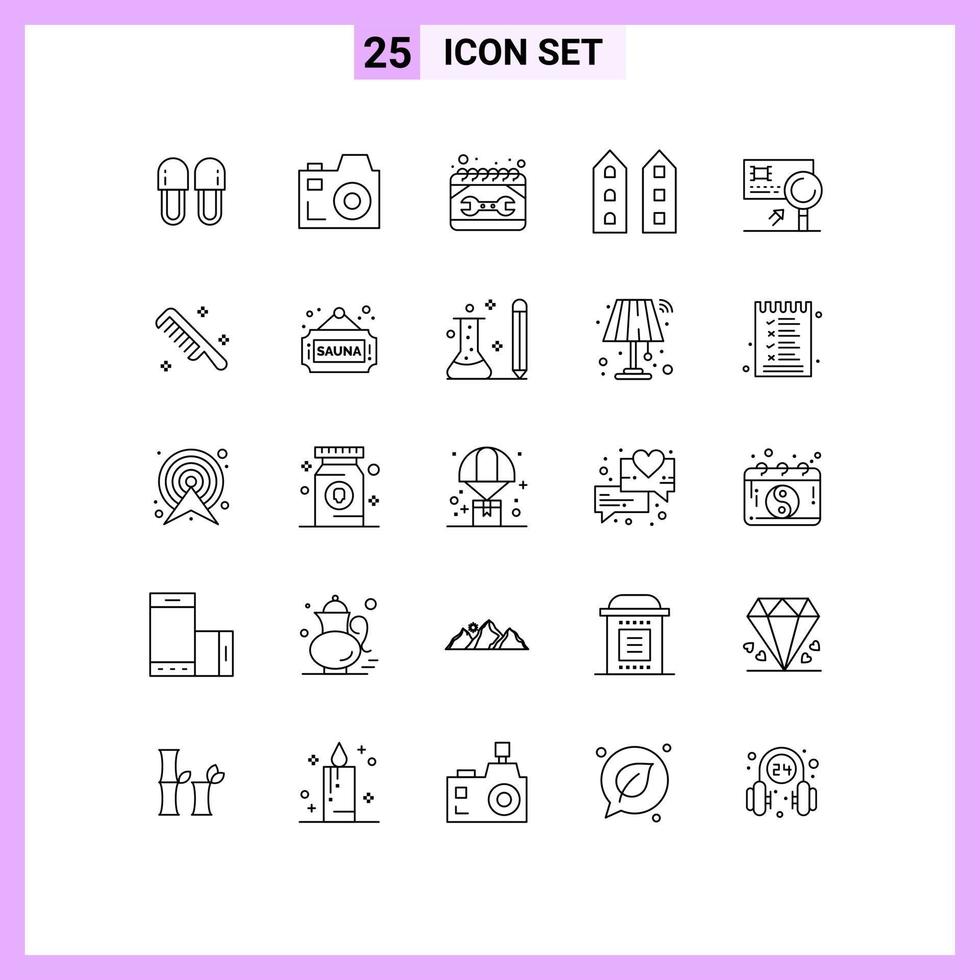 Group of 25 Lines Signs and Symbols for store shop front calendar house spanner Editable Vector Design Elements