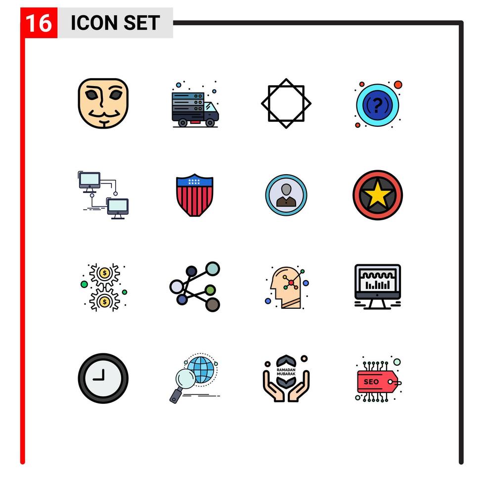 Set of 16 Vector Flat Color Filled Lines on Grid for sync lan security local help Editable Creative Vector Design Elements