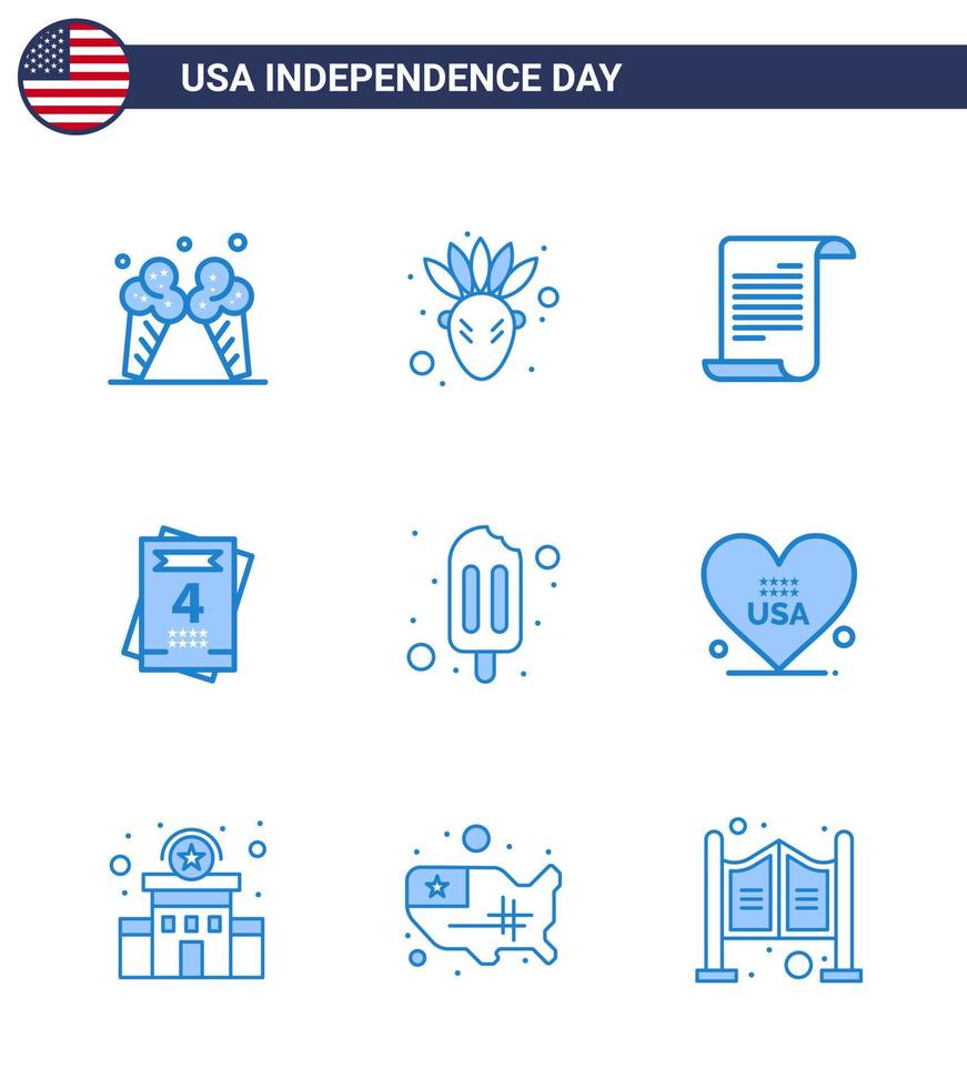 Blue Pack of 9 USA Independence Day Symbols of heart popsicle text ice cream love Editable USA Day Vector Design Elements