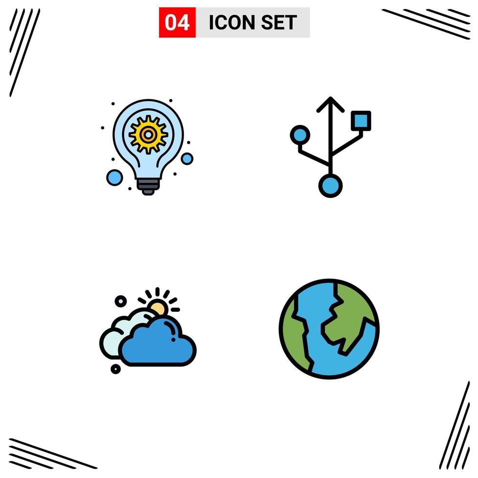 Set of 4 Commercial Filledline Flat Colors pack for bulb sun seo gear cloud map Editable Vector Design Elements
