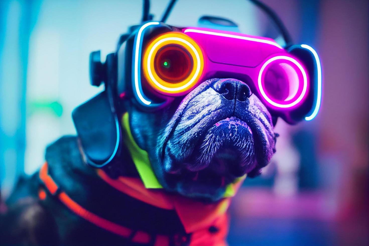 cyberpunk virtual reality dog , dressed in neon color clothes photo