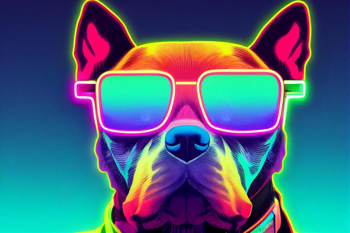 cyberpunk Pitbull dog with sunglasses, dressed in neon color clothes photo