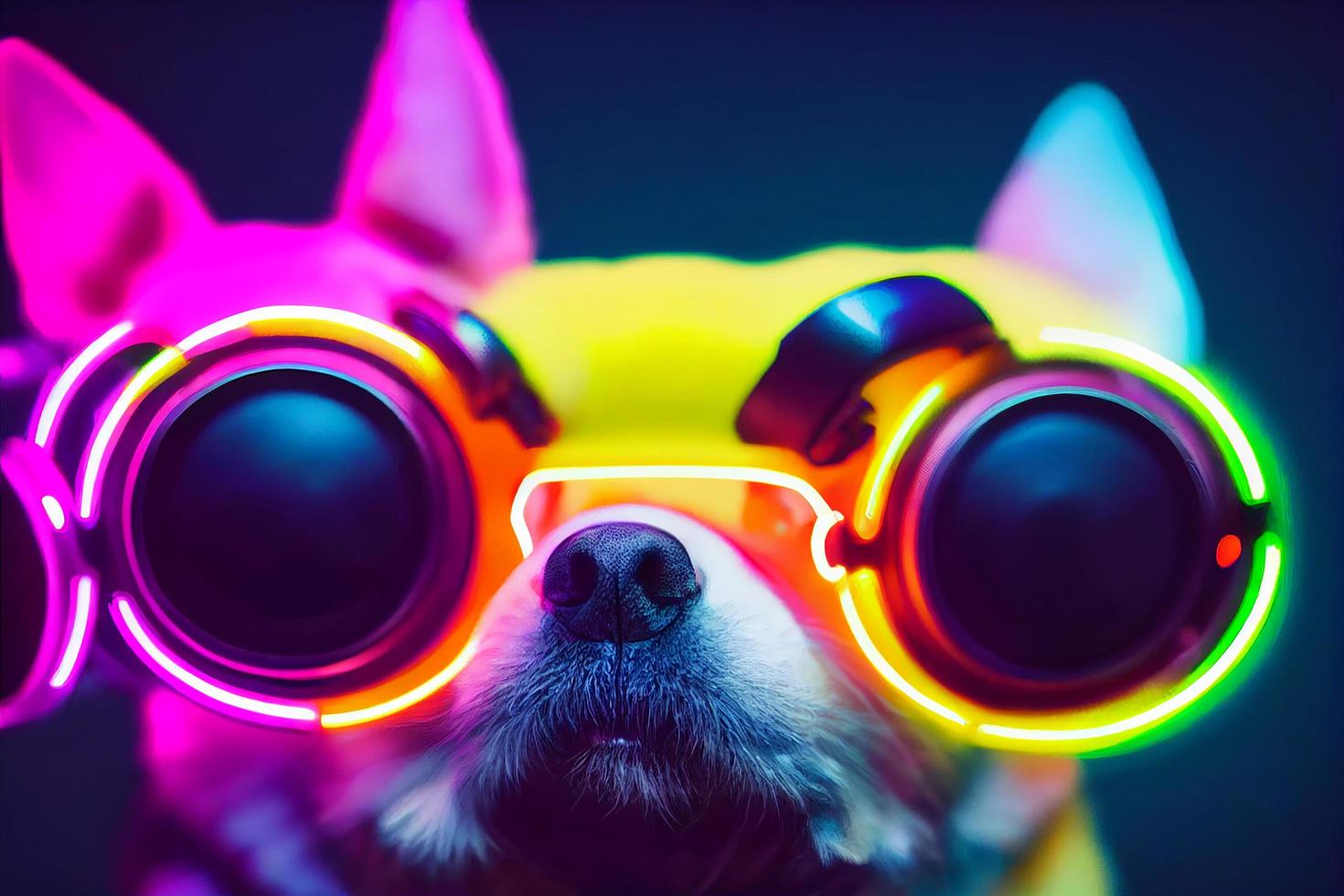 cyberpunk virtual reality dog , dressed in neon color clothes photo