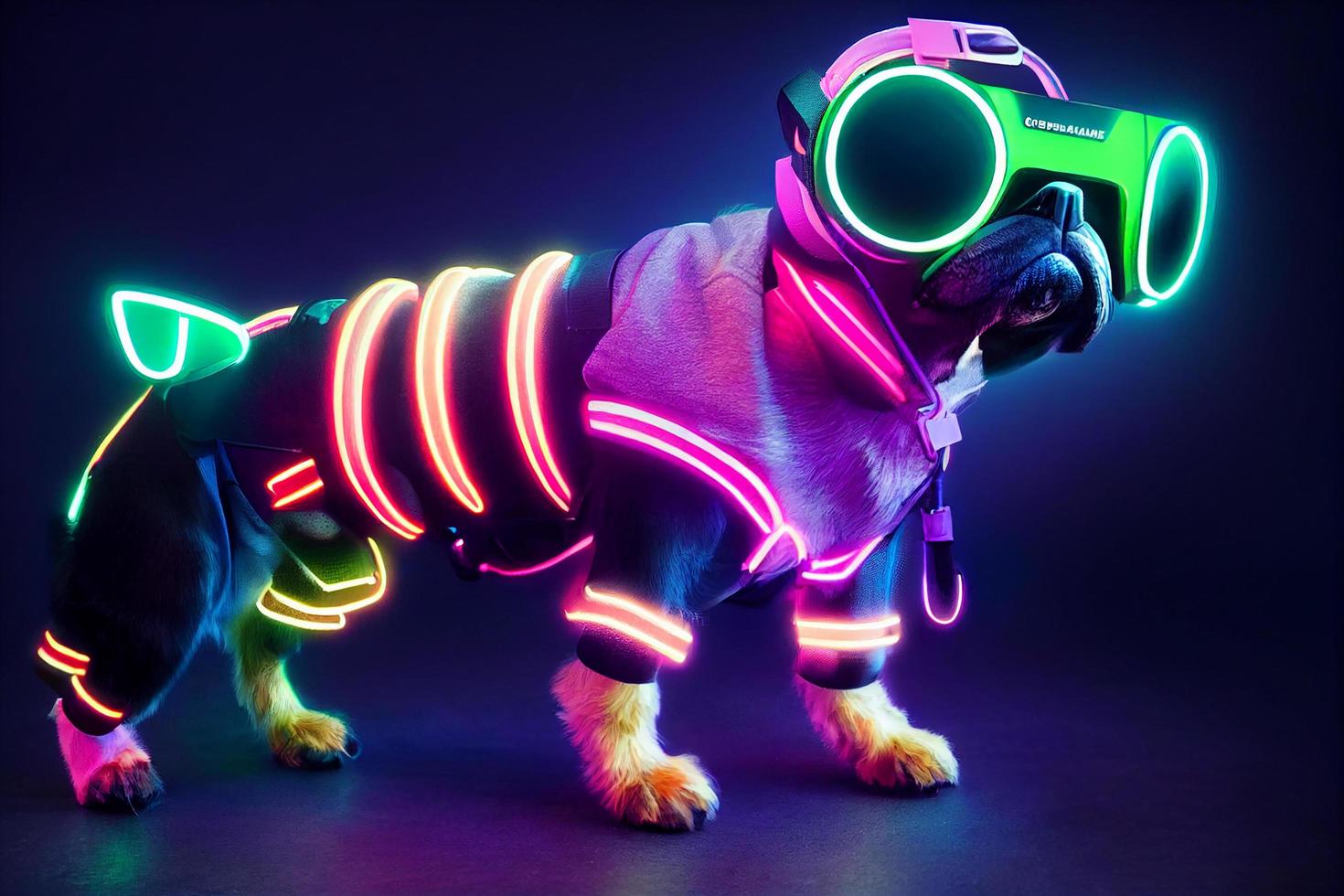 cyberpunk virtual reality dog , dressed in neon color clothes photo