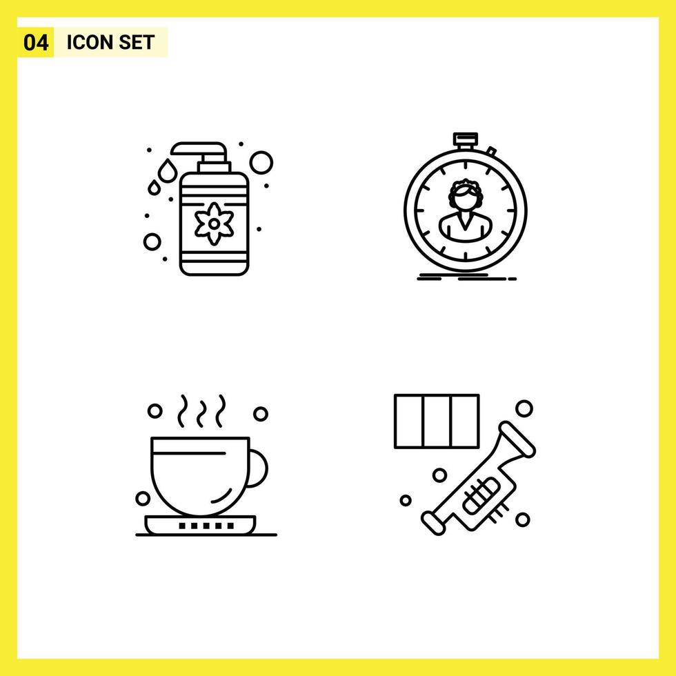 Mobile Interface Line Set of 4 Pictograms of drop coffee care stopwatch office Editable Vector Design Elements