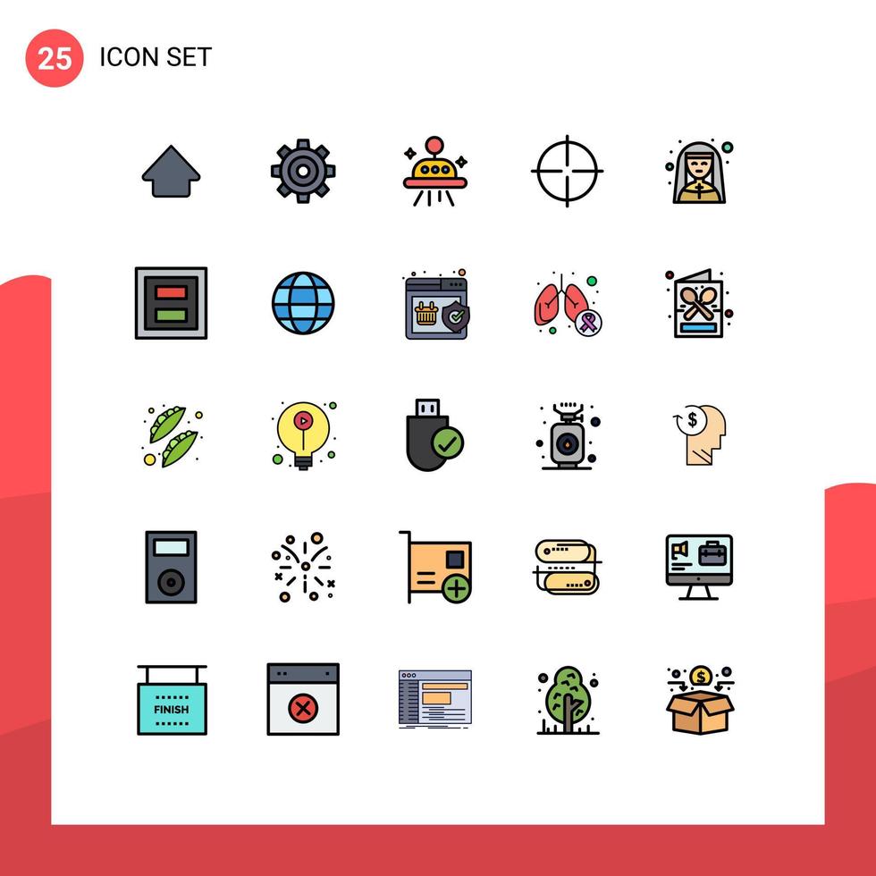 paquete de 25 modernos signos y símbolos de colores planos de línea rellena para medios de impresión web como elementos de diseño de vectores editables de la iglesia madre superior astronomía deporte gimnasio