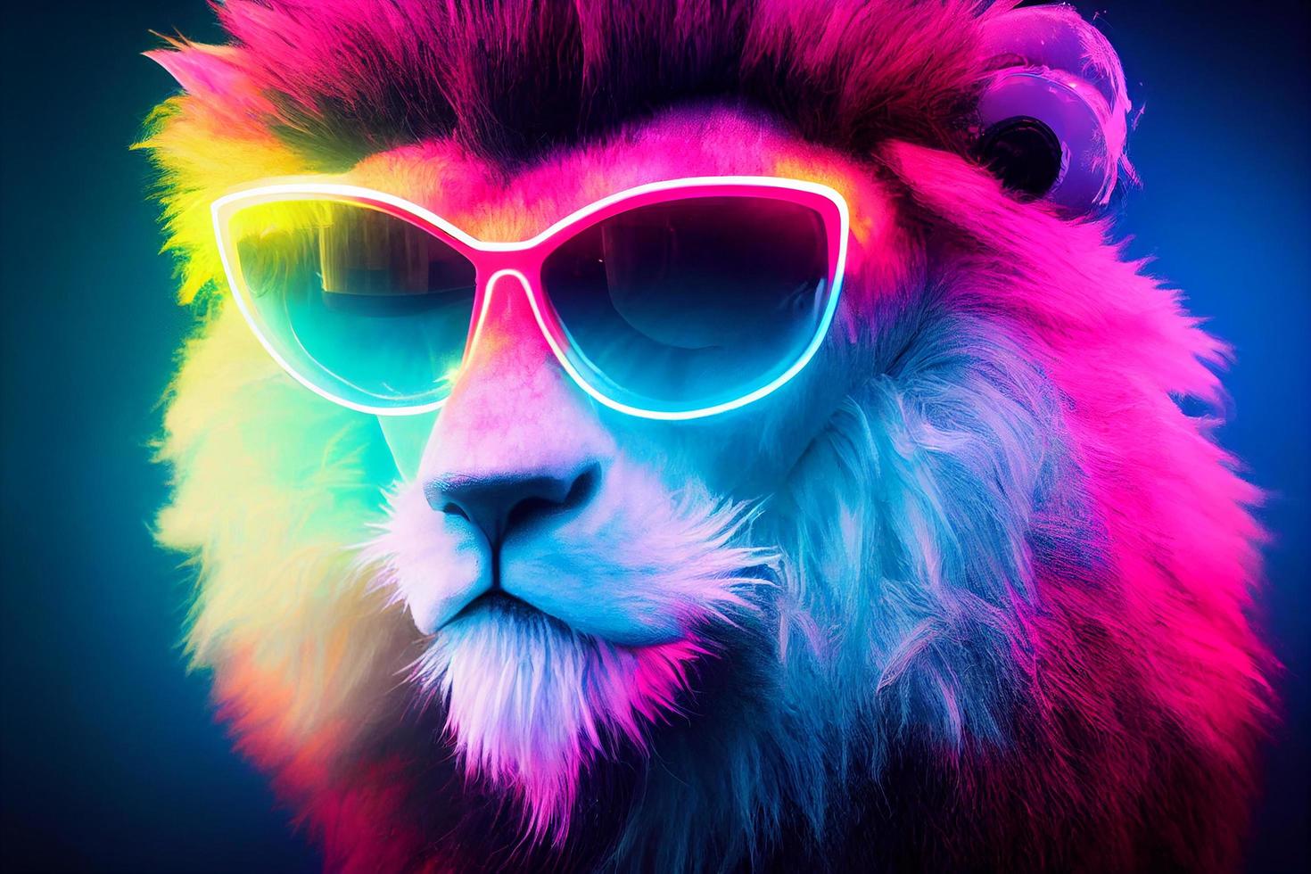 cyberpunk lion with sunglasses, dressed in neon color clothes photo