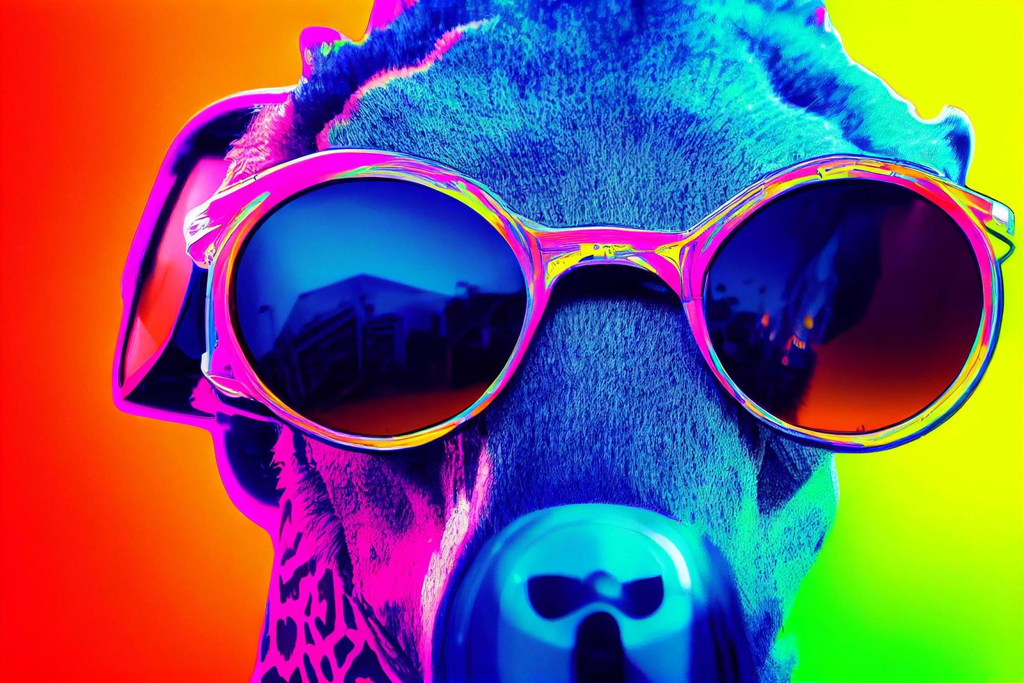 cyberpunk giraffe with sunglasses, dressed in neon color clothes photo