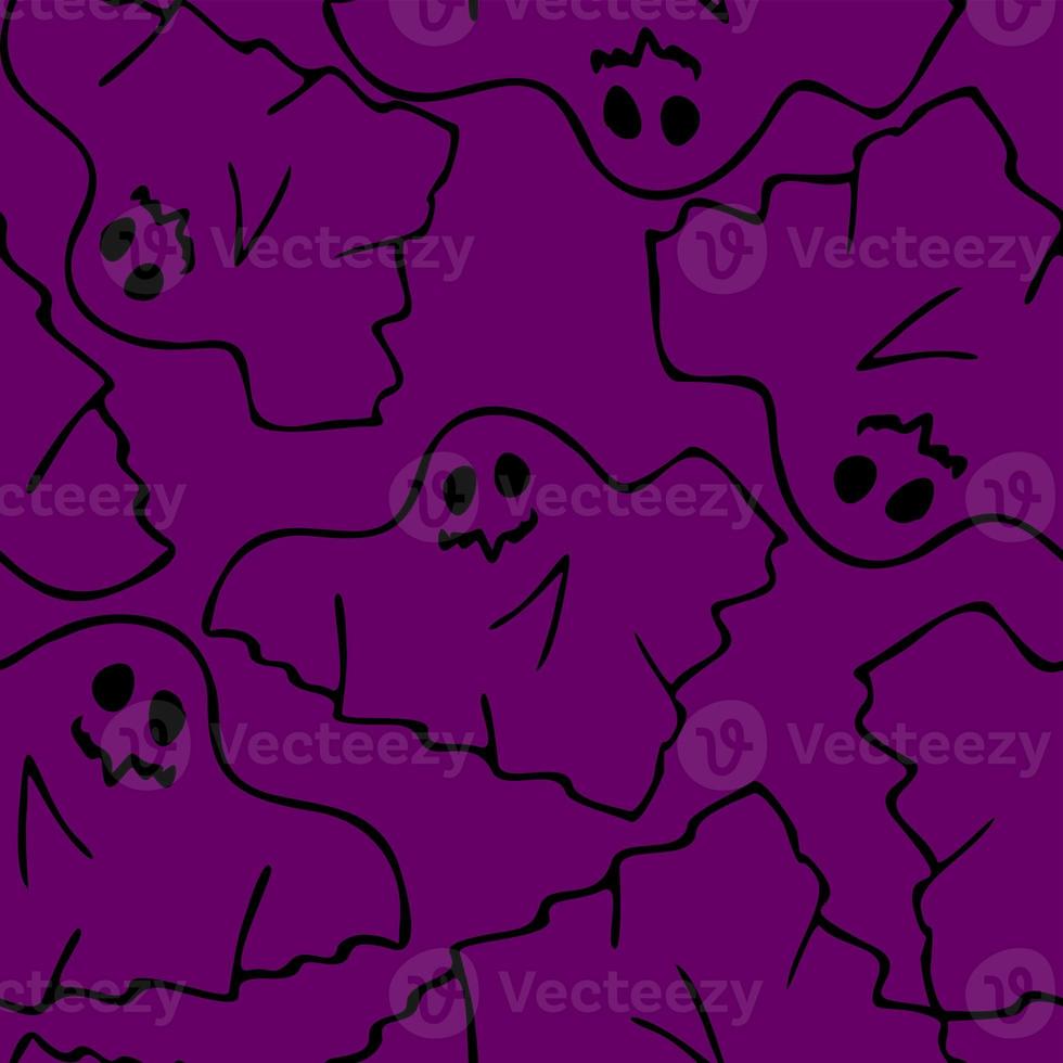 seamless contour pattern of graphic flying black ghosts on purple background, texture, design photo