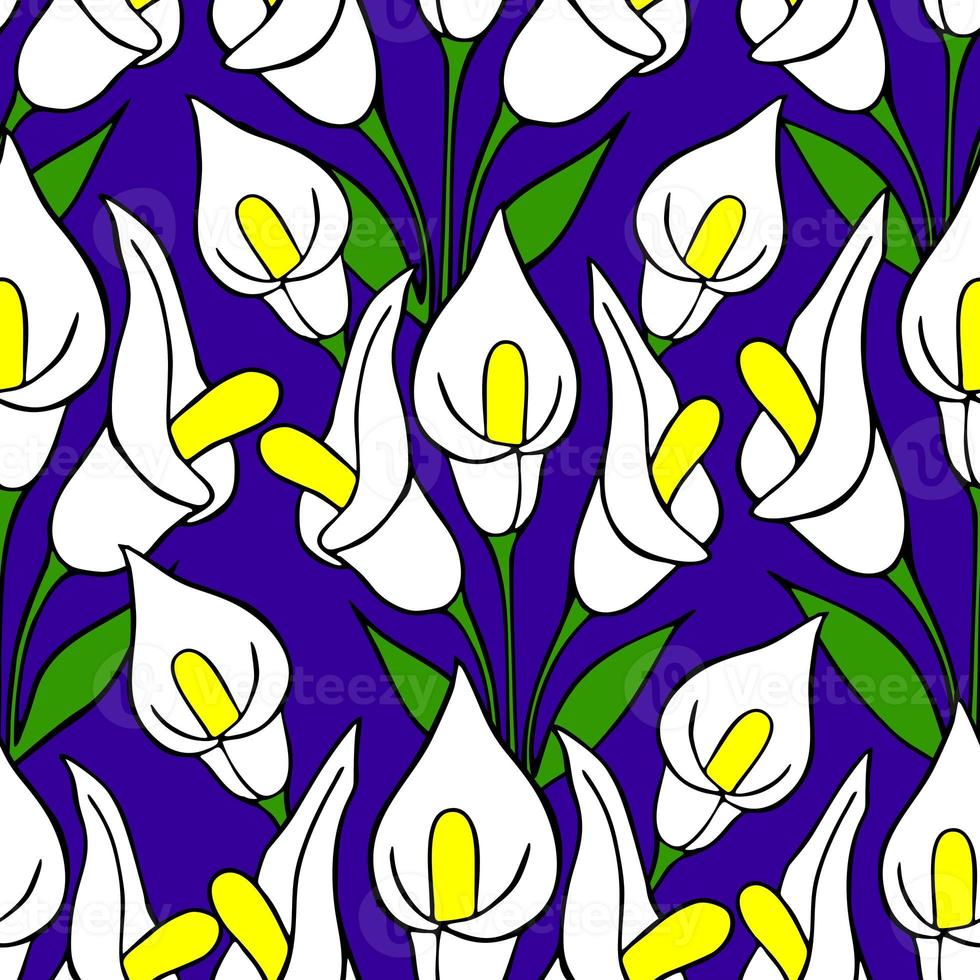 symmetrical seamless pattern of white flowers on a blue background, texture, design photo