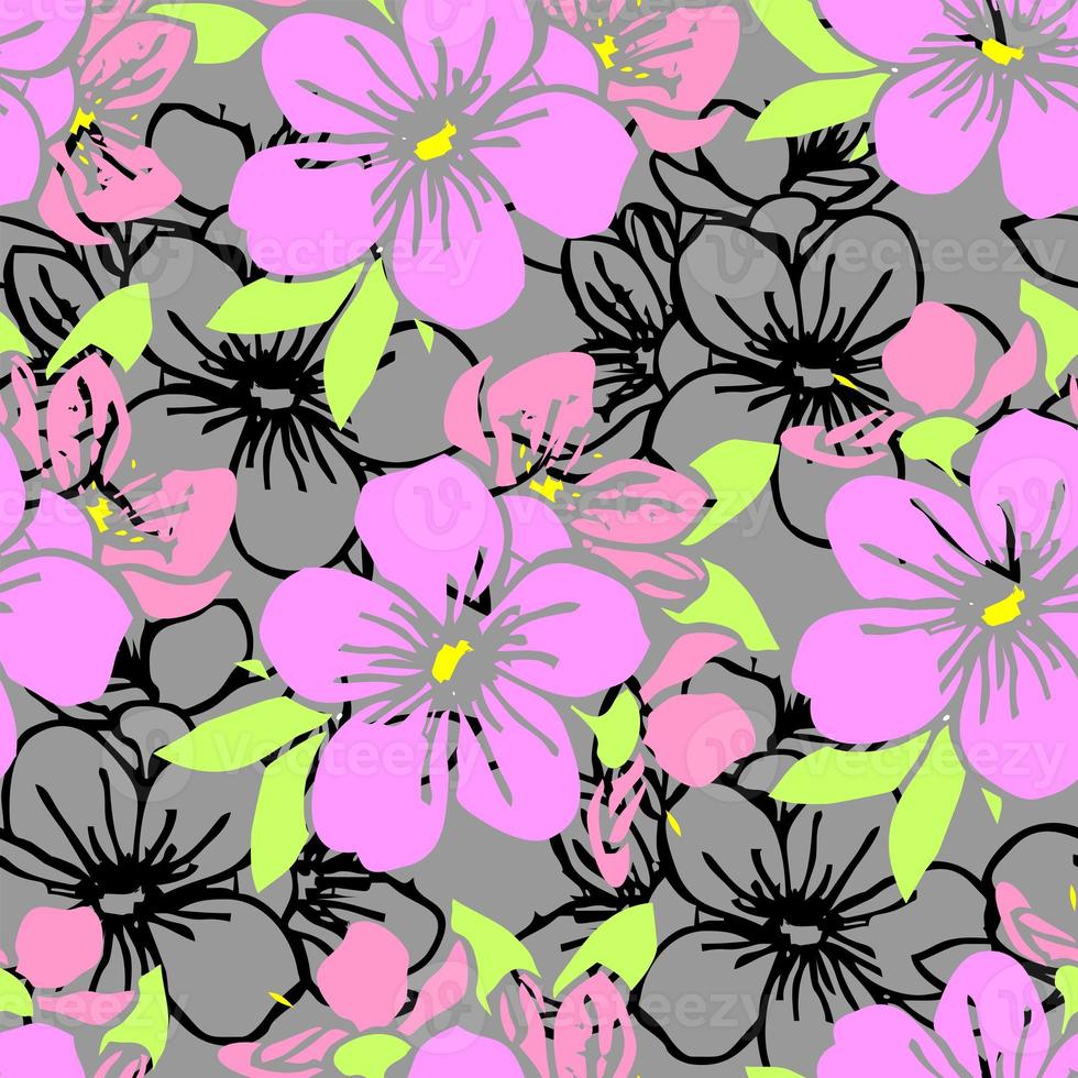 seamless pattern of pink silhouettes and black contours of flowers on a gray background, texture, design photo