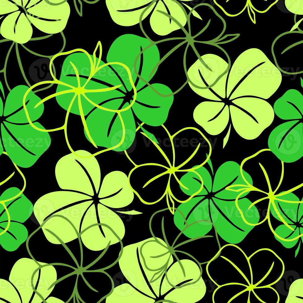 seamless pattern of green contours and silhouettes of a four-leaf clover on a black background, texture design photo