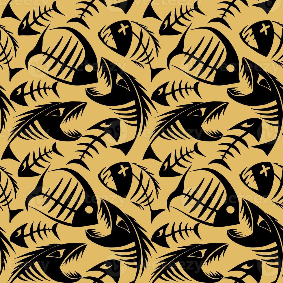 bright seamless pattern of black graphic fish skeletons on a golden background, texture, design photo