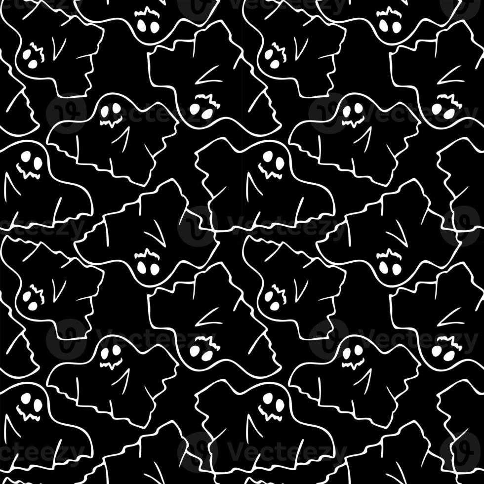 seamless contour pattern of graphic flying white ghosts on a black background, texture, design photo