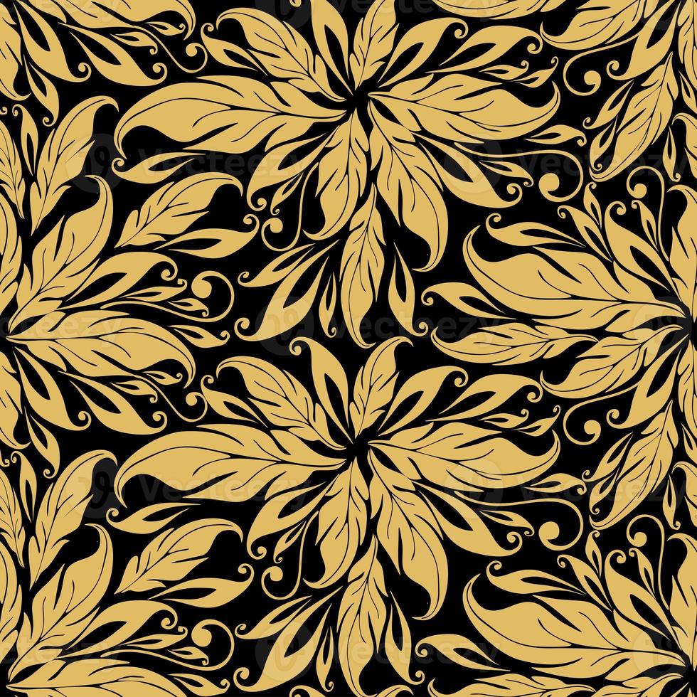 graphic seamless asymmetric gold leaf pattern on black background, texture, design photo