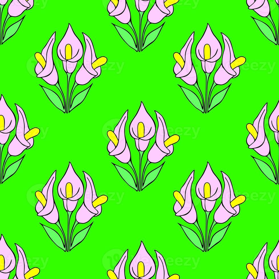 symmetrical seamless pattern of pink flowers on a green background, texture, design photo
